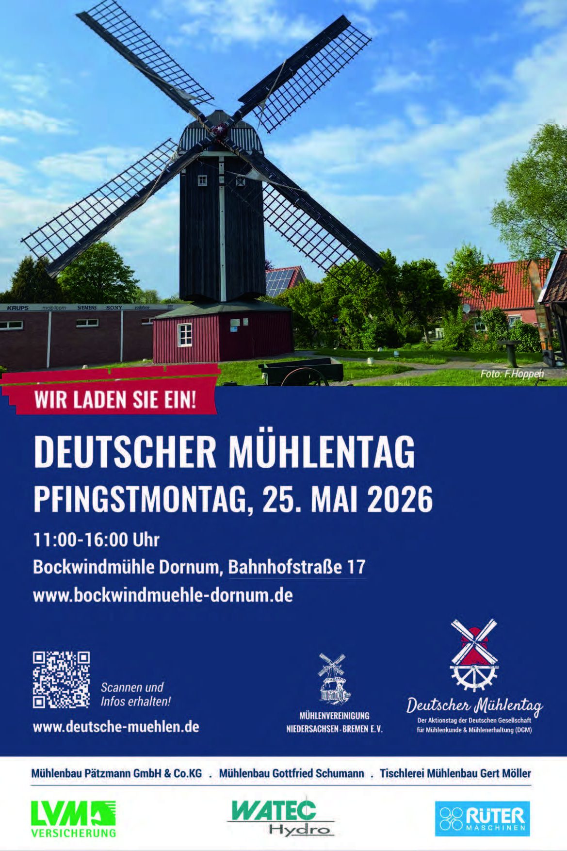 Einladung zum Deutschen Mühlentag am 25. Mai 2026 Das Bild zeigt die Einladung zum Deutschen Mühlentag am 25. Mai 2026 mit Veranstaltungsdetails für die Bockwindmühle Dornum