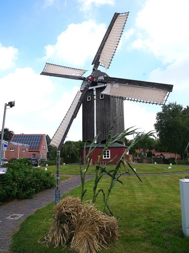 Mühle mit großen Flügeln und Blick auf Landschaft mit Maispflanzen und Heu.